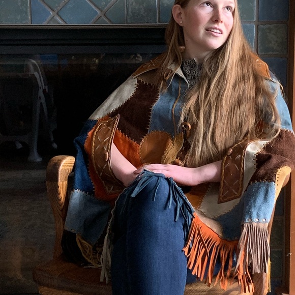 Leather cape, suede leather patchwork poncho, leather fringe cape, hippy clothes - Picture 4 of 9